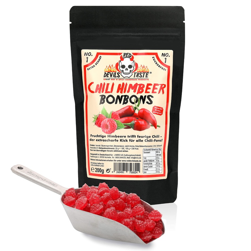 Chili Raspberry Candy – sugar-free – extra hot – 200g – RED DEVILS TASTE – in a zip bag Raspberry 200 g (1 pack)