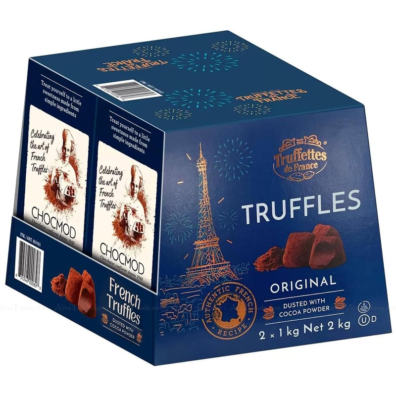 Chocmod Truffettes de France Natural Truffles, Dusted with Cocoa Powder, 1000 Gram Boxes (Pack of 2)