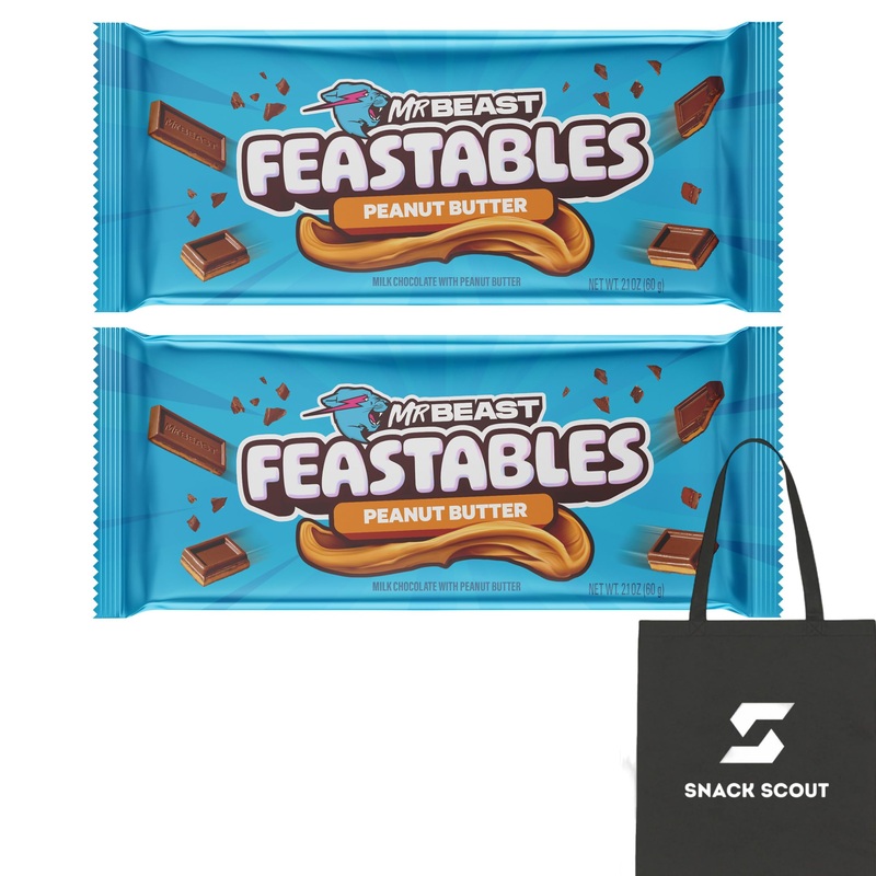 Feastables MrBeast Peanut Butter Milk Chocolate Bar 60g (Pack of 2) Bundle With Snack Scout Lunch Bag
