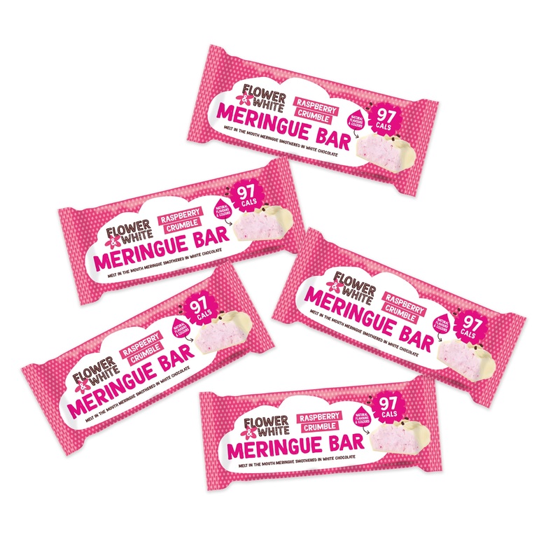 Flower & White Raspberry Crumble Meringue Bar | 95 calories per bar | Have On The Go | Low Calorie | Vegetarian and gluten-free | Fairtrade and 100% plastic-free | No additives or preservatives