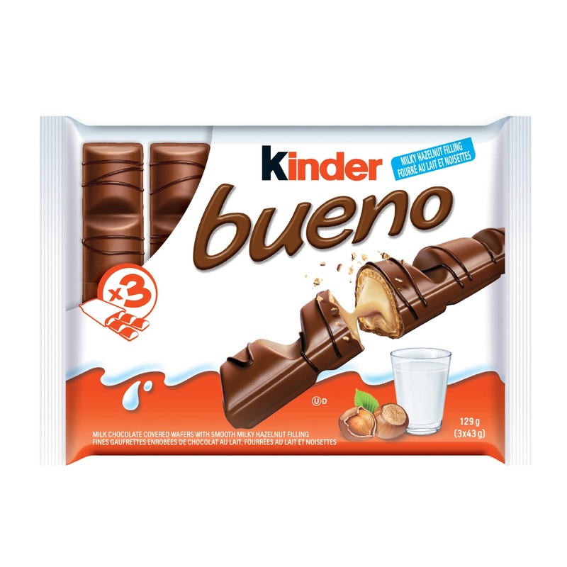 KINDER BUENO Milk Chocolate and Hazelnut Cream Candy Bars 3 Packs 2 Individually Wrapped Bars Per Pack (129g) Kinder Bueno Milk Chocolate 3 Packs (129g)