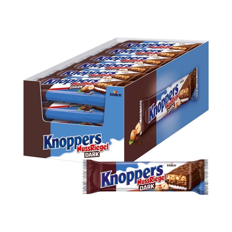 Knoppers nut bar Dark- 24 x 40g- waffle bar with milk and nugat cream with pastries chopped hazelnuts and delicate caramel enveloped by dark milk chocolate 24 pieces (1 Pack)
