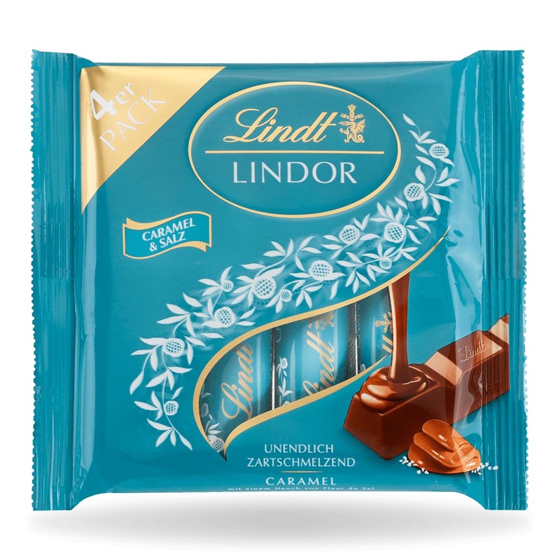 Lindt chocolate lindor caramel & salt chocolate sticks |4 x 25 g chocolate bar |With a delicately melting caramel & salt chocolate filling |Praline gift |Chocolate gift