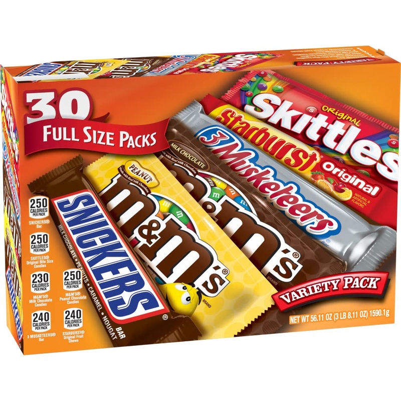 M&M’S, SNICKERS, 3 MUSKETEERS, SKITTLES & STARBURST Full Size Chocolate Candy Variety Mix 56.11-Ounce 30-Count Box 30-Ct Fruity & Chocolate