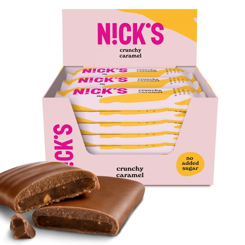 Nicks keto bar crunchy caramel chocolate almond caramel snacks 88 calories 1.8 net carbs without sugar additive gluten -free low carb sweets (21x28g) crunchy caramel 28 g (21 Pack)