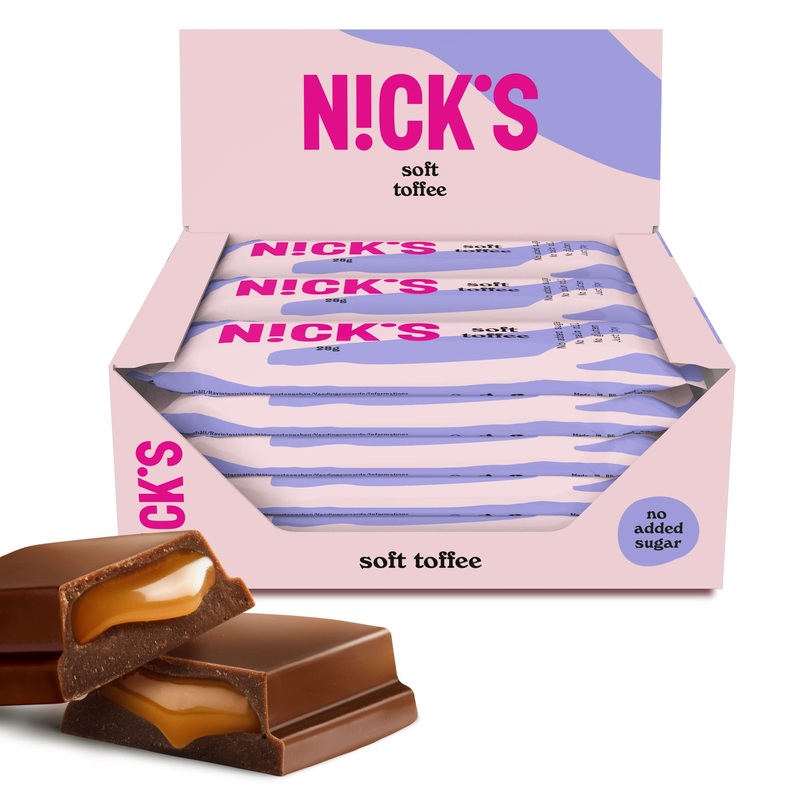 Nicks Keto Riegel Soft Toffee Chocolate Karamell Snacks 110 calories 3.5 Net Carbs without added sugar gluten -free low carb sweets (15x28g) Soft Toffee 15x28g