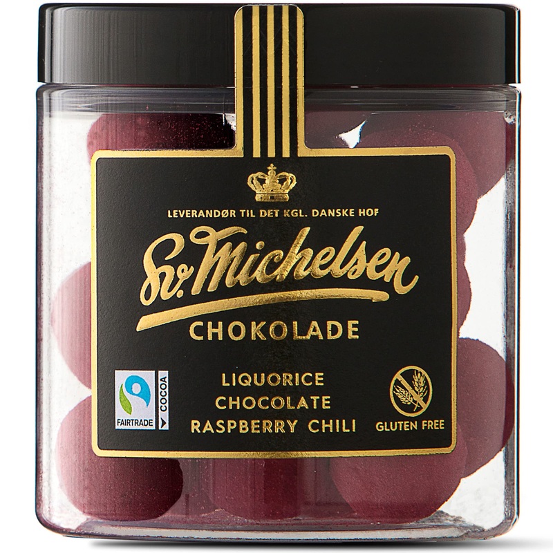 SV.Michelsen liquorice with white chocolate raspberries & chili – 150g – royal Danish court supplier gluten -free Danish chocolate gourmet liquorice balls sweets gift