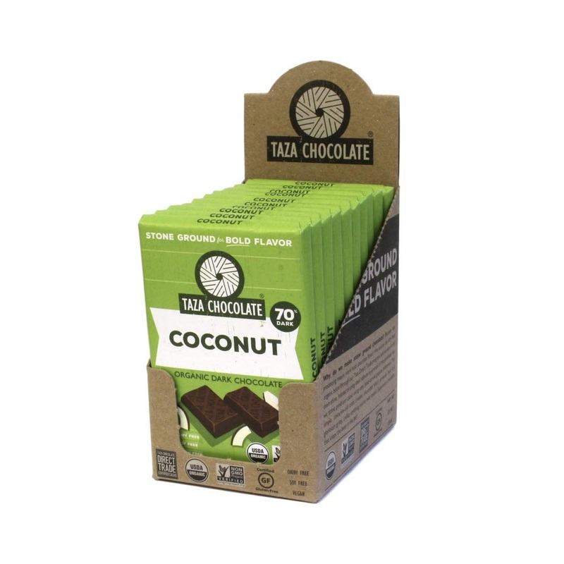 Taza Chocolate Organic Amaze Bar 70% Stone Ground, Coconut, 2.5 Ounce (10 Count), Vegan Dark Coconut 10 Count (Pack of 1)