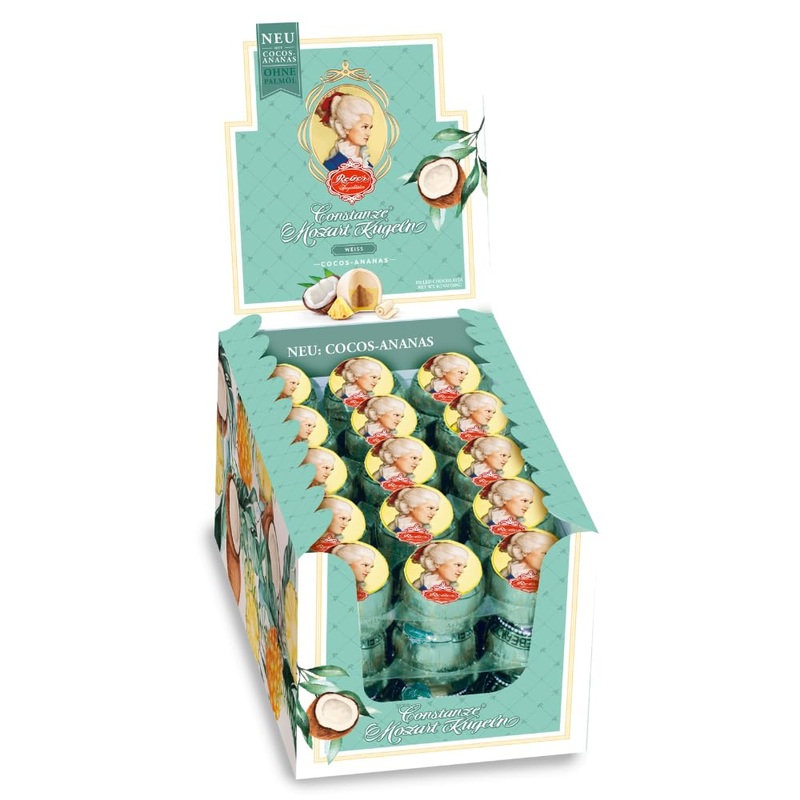 Vine white Constanze Mozart balls Cocos pineapple 45 installation box Mozart balls made of white chocolate filled with fruity-fresh cocos-ananas marzipan nut nougat 900g (45 mozart balls) chocolate 45 pieces (1 Pack)