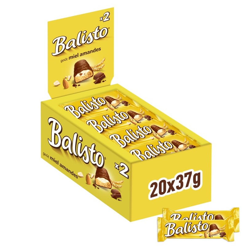 BALISTO – Cereal and Milk Chocolate Biscuit Bar – Large Format – 20 x 37g – Honey & Almond Flavor – Ideal for Sharing