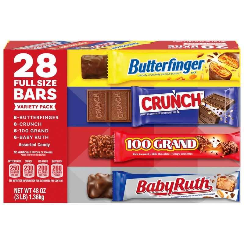 Butterfinger, CRUNCH, Baby Ruth and 100 GrandAssorted Full Size Chocolate Candy BarsGreat for Halloween Candy48 ozBulk 28 Pack