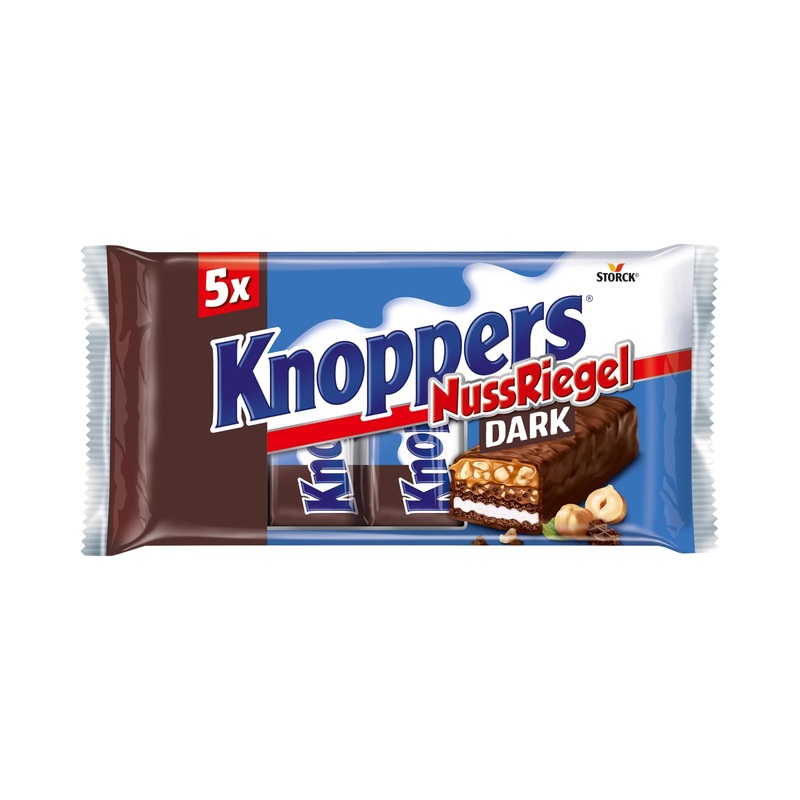 Knoppers nut bar Dark- 1 x 200g (5 bars)- waffle bar with milk and nugat cream with pastries chopped hazelnuts and delicate caramel enveloped by dark milk chocolate 1 x 200g