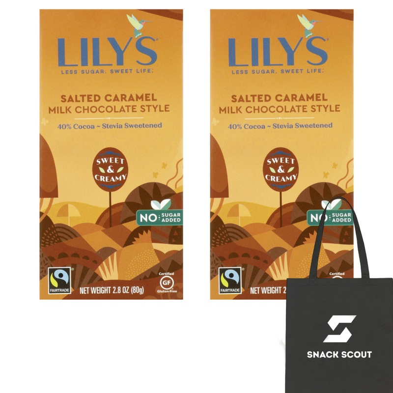 Lily’s Salted Caramel Milk Chocolate Style Bar 2.8 oz (Pack of 2) Bundle With Snack Scout Lunch Bag