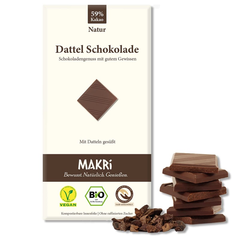 Makri Bio Dattel chocolate – without refined sugar sweetened with dates vegan & fair trade (nature 59% 10 plates) nature 59% 10 pieces (1 Pack)