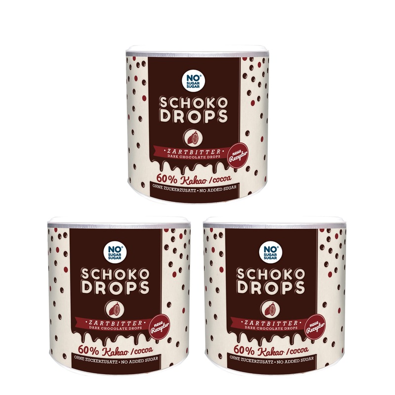 No Sugar Sugar Schokodrops Daring bitter chocolate with 60% cocoa proportion (3x250g) Made without added sugar sweetened with erythritus and stevia cocoa chocolate 250 g (3 pack)