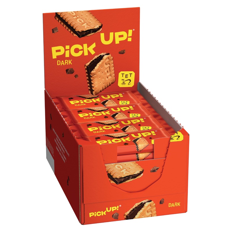 Pick up!Dark (24 x 28 g) bar with crispy dark chocolate panel between two crispy cookies the snack for on the go counter displays with 24 pieces of dark / dark chocolate