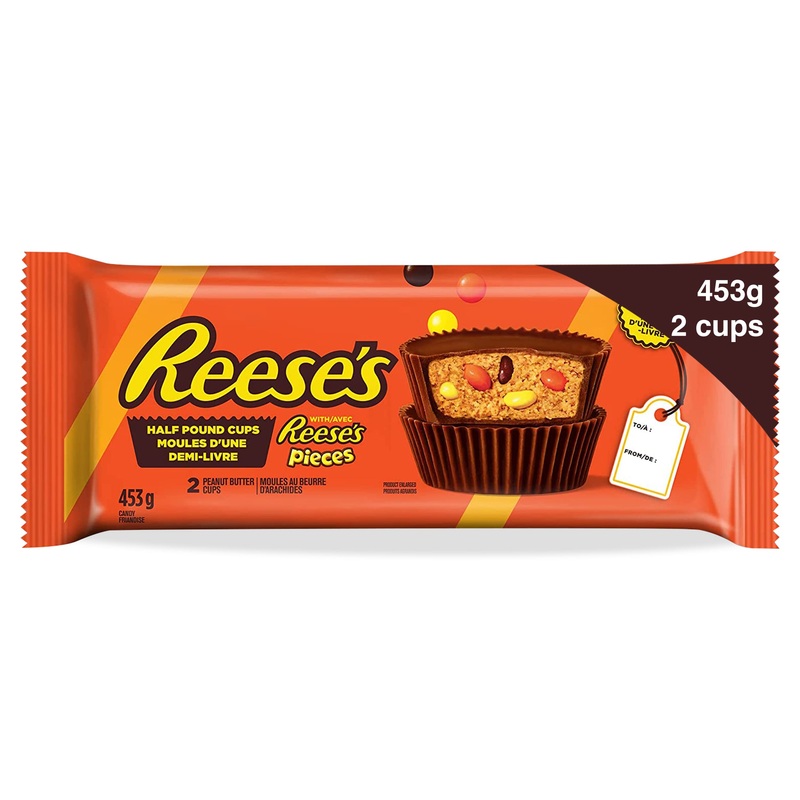 Reese’s Half Pound Cups Stuffed with Reese’s Pieces Chocolate Peanut Butter Bar Holiday Candy Chocolate Gift – 453g (Two Cups per Pack) Half Pound Cup with Reese’s Pieces