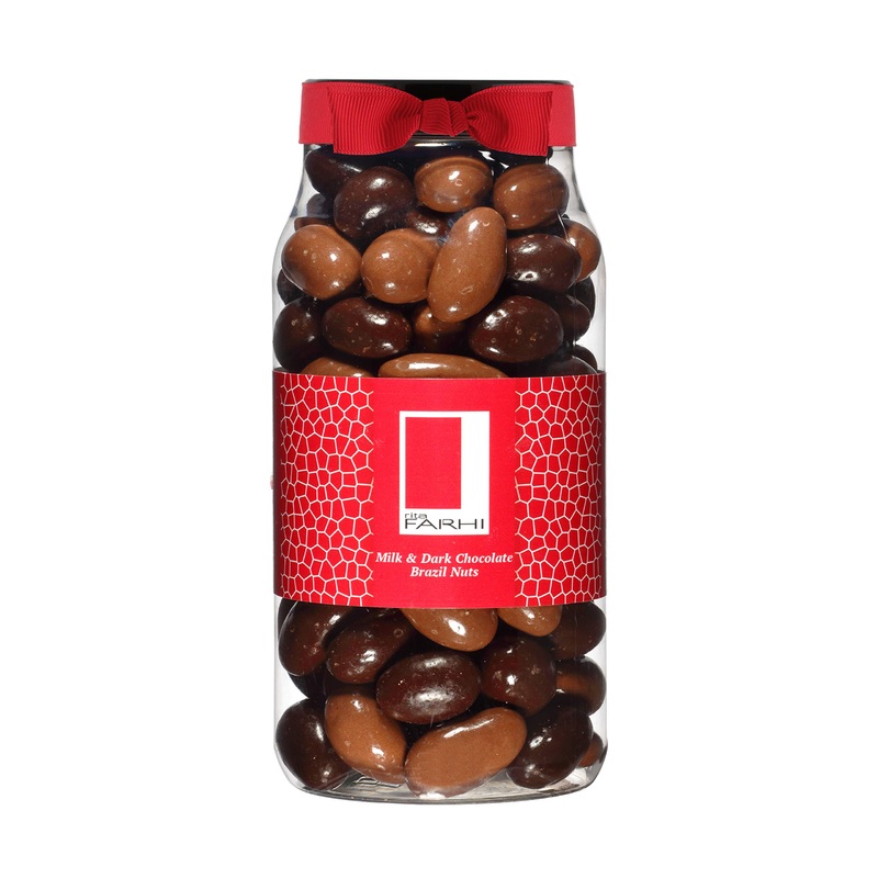 Rita Farhi Milk and Dark Chocolate Covered Brazil Nuts in a Gift Jar | Vegetarian and Chocolate Gift – Chocolate Coated Nuts – 740 g – New Palm Oil Free Recipe