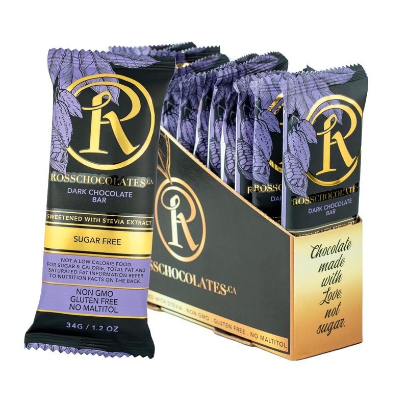 Ross Chocolates Gourmet Chocolate Bars | Sweetened with Stevia | Sugar Free| Low Glycemic | Keto Friendly | Good for Diabetics | Non-GMO |12 Count Box (Dark Chocolate) Ross Chocolates Gourmet Chocolate Bars | Sweetened with Stevia | Sugar Free| Low Glycem