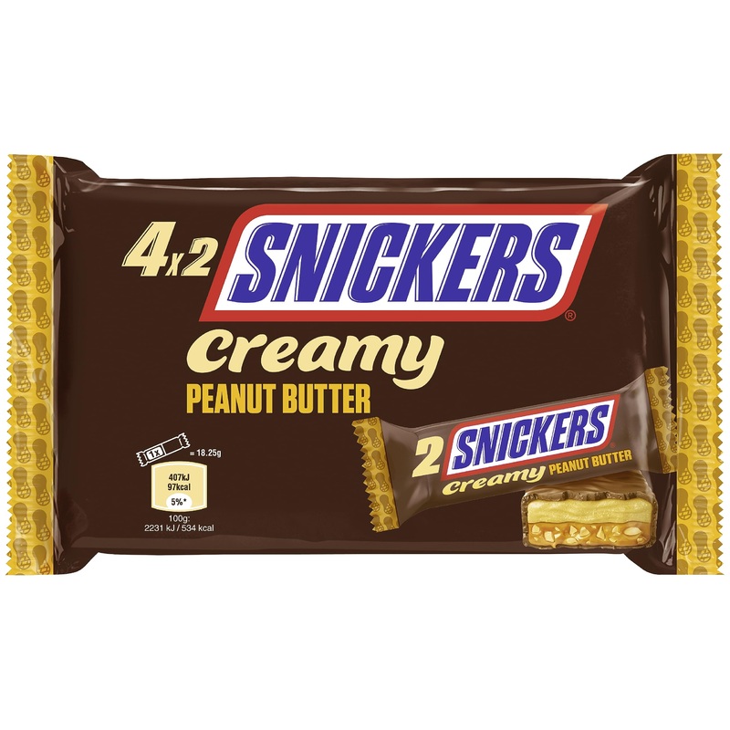 Snickers Creamy Peanut Butter milk chocolate filled with caramel and peanuts pack of 4 double bars 4 x 36.5g 146 g peanut butter 1 piece 4 pieces