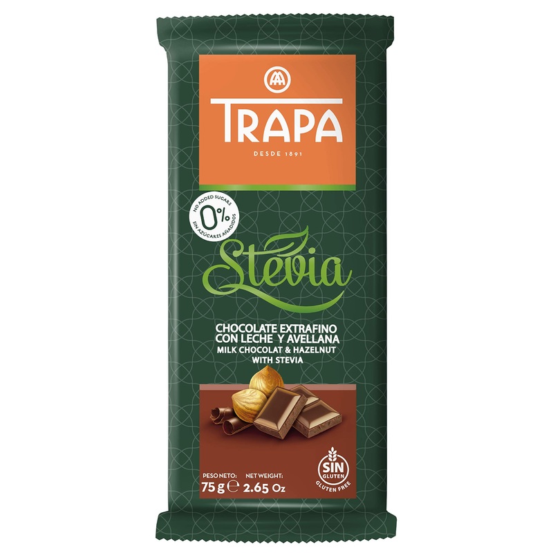 Trapa Stevia Gluten-free milk chocolate and hazelnut bar 75 g