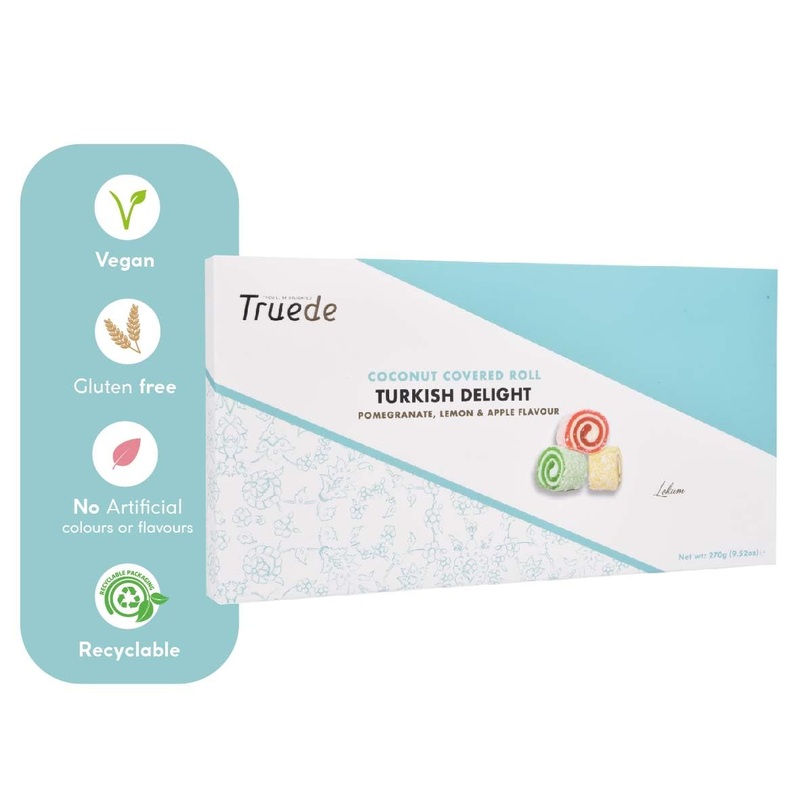 Truede Coconut Covered Pomegranate Lemon & Apple Flavour Roll Turkish Delight (270g) – Hand-Made Coconut Covered Dusted Pomegranate Lemon & Apple Flavoured Turkish Delight Coconut Covered Roll Turkish Delight