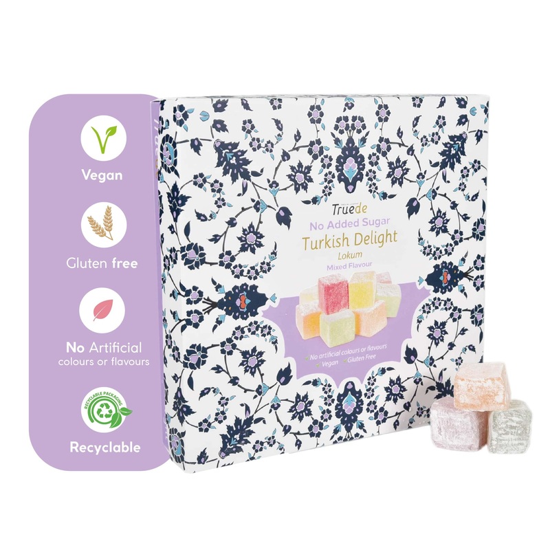 Truede No Added Sugar Mixed Flavour Turkish Delight Rose Flavour (110g) – Hand-Made Dusted No-Added Sugar Rose Lemon Orange & Mint Flavoured Turkish Delight (Mixed Flavour)