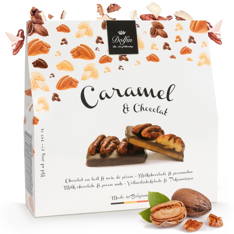 Dolfin Caramels & Chocolats Chocolat au Lait & Noix de P can – Caramel au Beurre Sal Maison Noix Caram lis es- Id e Cadeau Confiseries Friandises Bonbons – Fait en Belgique 200g