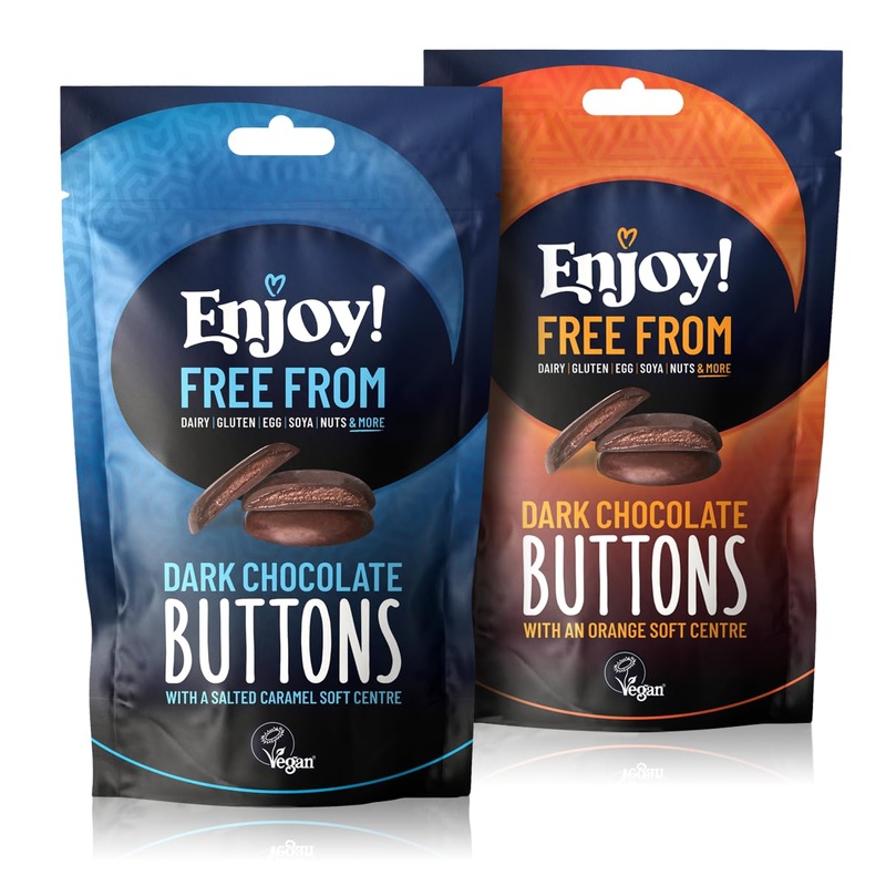 Enjoy! Delicious Vegan Chocolate Buttons | 2 X Packs of Flavour Filled Buttons-Mixed Flavour Gift Pack (Salted Caramel & Orange) | Vegan Dairy & Gluten Free 70% Dark Chocolate | 96g per bag Mixed Pack (Orange & Salted Caramel)