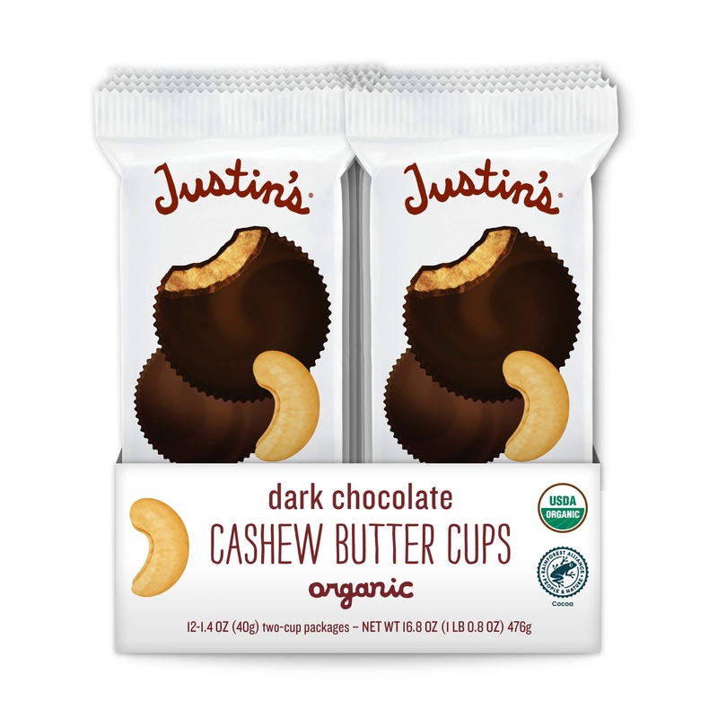 Justin’s Organic Dark Chocolate Cashew Butter Cups, Rainforest Alliance Certified Cocoa, Gluten-free, Responsibly Sourcd, 1.4 Ounce (Pack of 12)