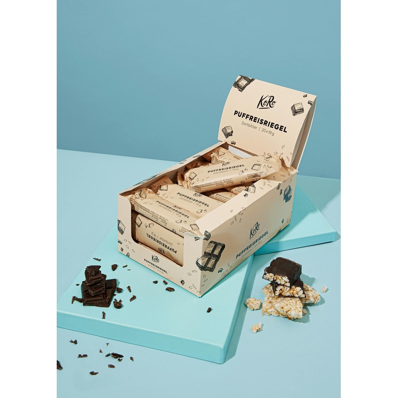 KoRo – Puffed rice bars in dark chocolate 20×18 g – Covered in dark chocolate – Vegan – Practical snack for in between