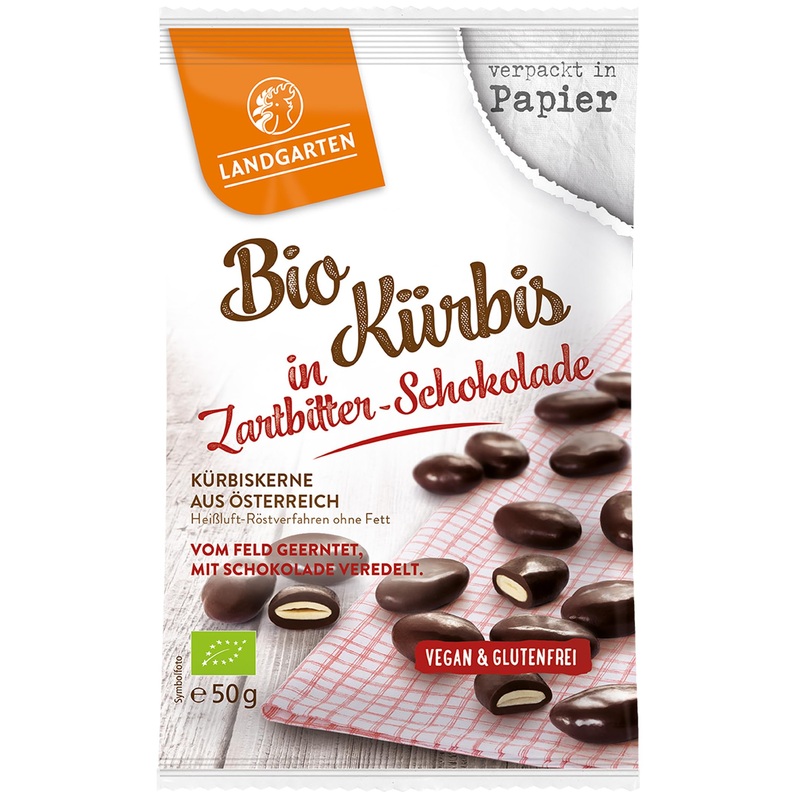 Landgarten | Vegan roasted pumpkin seeds covered in dark chocolate | 1 pack (50g) pumpkin seeds in dark chocolate