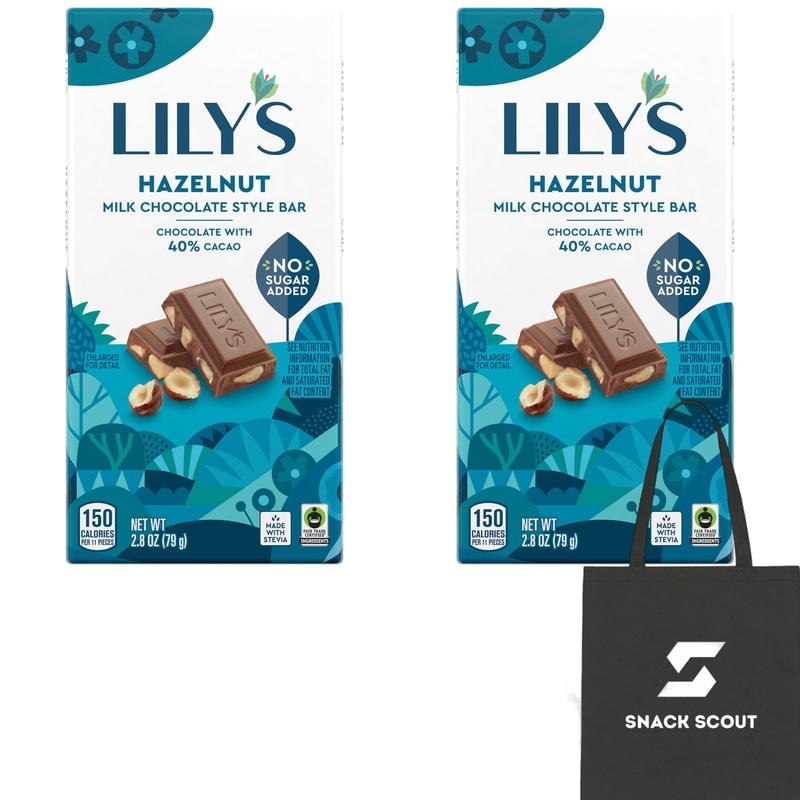 Lily’s Hazelnut Milk Chocolate Style No Sugar Added Sweets Bar 2.8 oz (Pack of 2) Bundle With Snack Scout Lunch Bag
