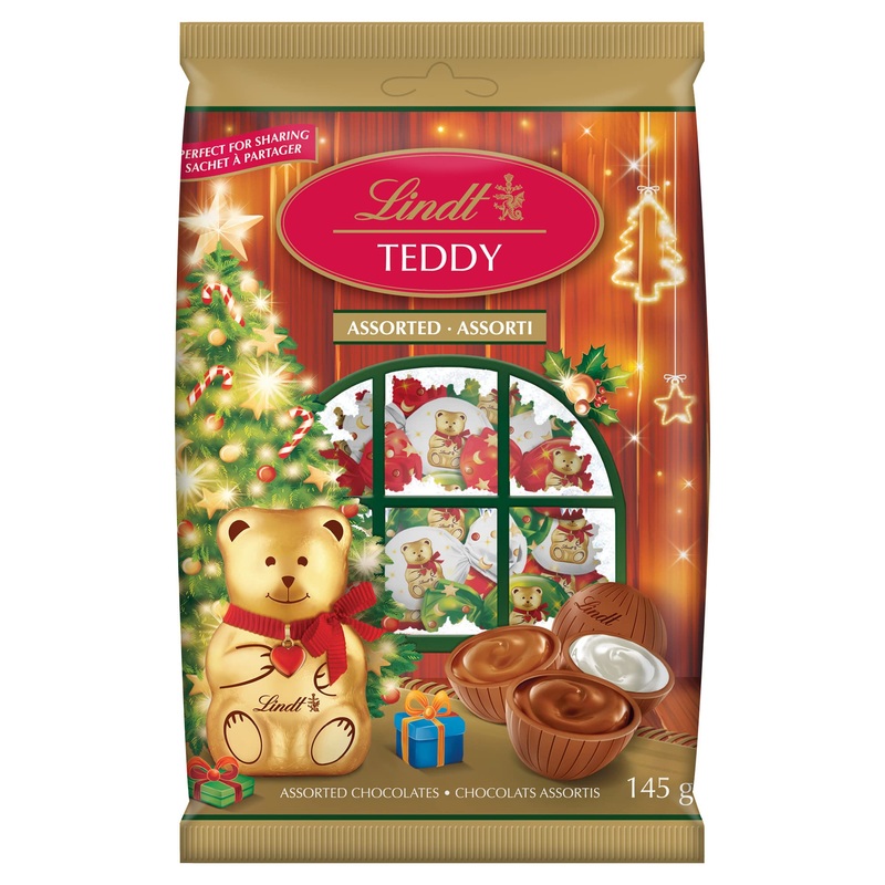 LINDT TEDDY Assorted Milk Chocolates 145 Grams Christmas Chocolate & Candy & Stocking Stuffers Bag contains Solid Milk Chocolate Hazelnut Cream & Double Milk Chocolates with Smooth Chocolate Centres Individually Wrapped Chocolate Assorted 145g