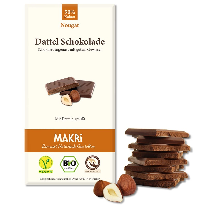 Makri Bio Dattel chocolate – without refined sugar sweetened with dates vegan & fair trade (nougat 50% 10 plates) nougat 50% 10 pieces (1 Pack)