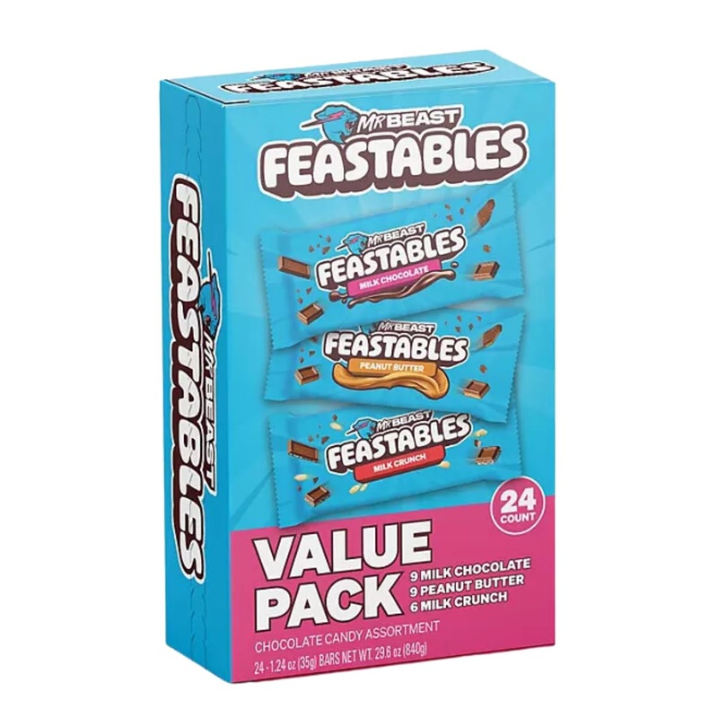 Mr Beast Feastables value pack of 24 Milk chocolate Milk crunch and Milk oeanut butter flavours 840g