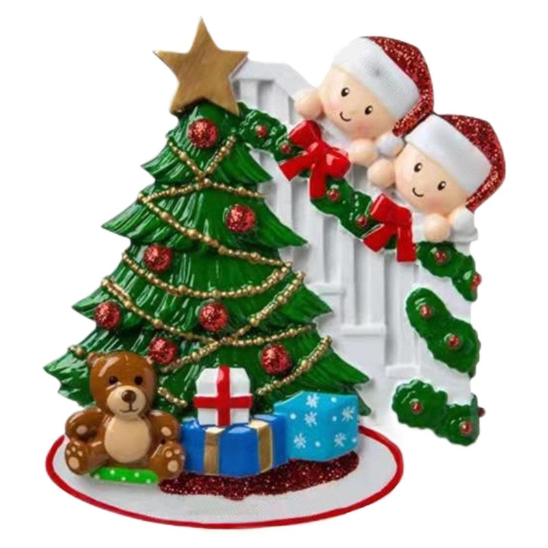 Personalised Christmas Decoration Family – Opening Family Christmas Decorations Personalised by Santa Family Around the Tree Decoration Family Opening Presented 2-Kopf-Legierung ohne Maske