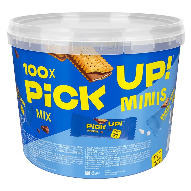 Pick up!Minis Original + Choco & Milk (1 x 1.06 kg) mini bar as a snack with crunchy milk chocolate panel between two cookies 100 portion packs