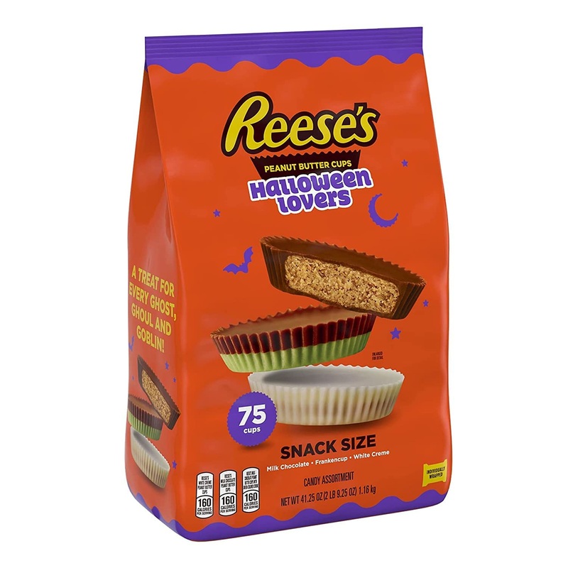 REESE’S Halloween Lovers Milk Chocolate and White Creme Assortment Snack Size Cups Candy, Halloween, 41.25 oz Bulk Variety Bag (75 Pieces) Assortment Bag, 41.25 oz.