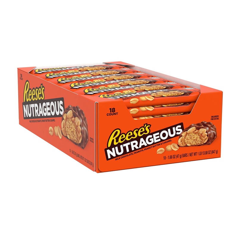 REESE’S NUTRAGEOUS Milk Chocolate, Peanuts, Peanut Butter and Caramel Candy, Bulk, 1.66 oz Bars (18 Ct.) butter 1.66 Ounce (Pack of 18)