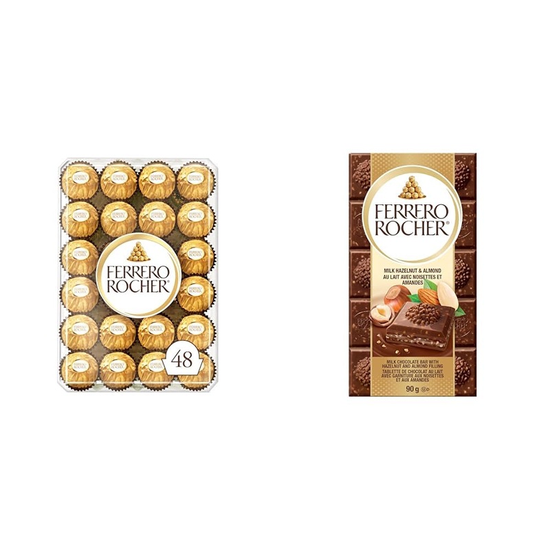 FERRERO ROCHER Fine Hazelnut Milk Chocolate Gift Box 48 Count Ideal Hostess Gift 600g & Premium Chocolate Bar Milk Chocolate with Hazelnuts and Almonds Bar 90g