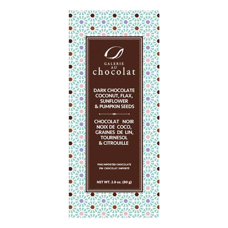 Galerie au Chocolat Dark Chocolate Coconut Flax Sunflower and Pumpkin Seed Dark Chocolate Seed Bar 80 Grams