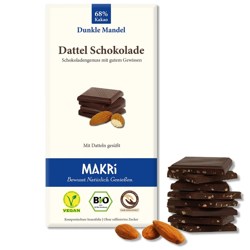 Makri Bio Dattel chocolate – without refined sugar sweetened with dates vegan & fair trade (dark almond 68% 1 board) Dark almond 68% 1 piece (1 Pack)