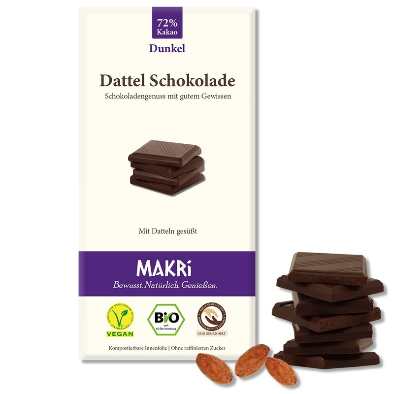 Makri Bio Dattel chocolate – without refined sugar sweetened with dates vegan & fairly traded (dark 72 % 5 plates) dark 72 % 5 pieces (1 Pack)