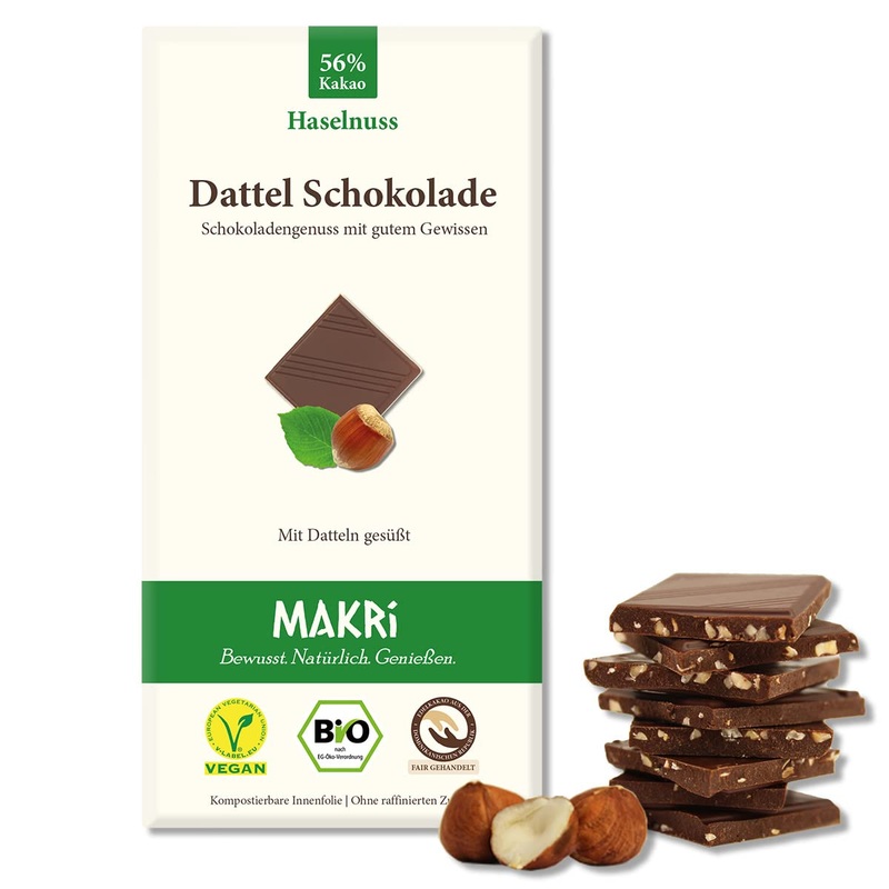 Makri Bio Dattel Chocolate – without refined sugar sweetened with dates vegan & fairly traded (hazelnut 56% 10 plates) hazelnut 56% 10 pieces (1 Pack)