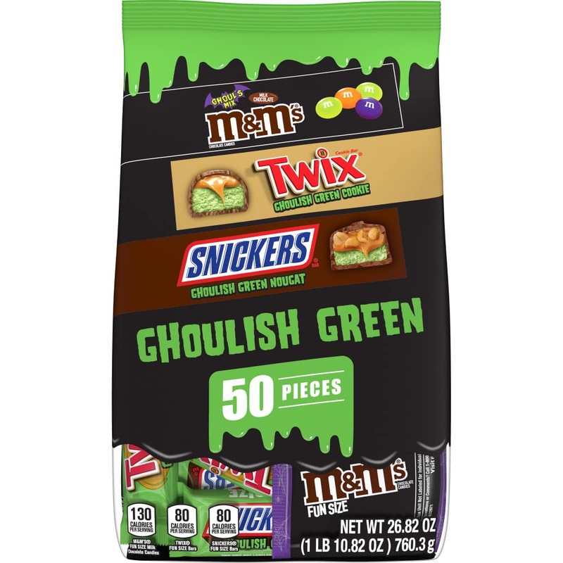 MARS Chocolate M&M’S, SNICKERS & TWIX Ghoulish Green Halloween Chocolate Candy Variety Pack, 26.82 oz, 50 Piece Bag Halloween Pack
