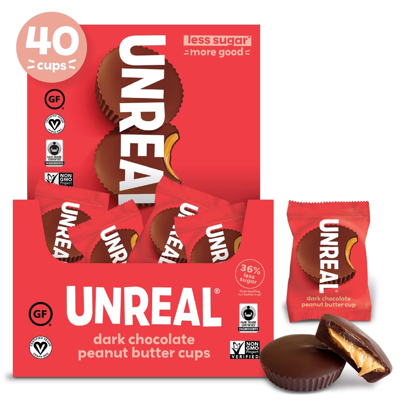 UNREAL Dark Chocolate Peanut Butter Cups  5g Sugar  Certified Vegan Gluten Free Fair Trade Non-GMO  No Sugar Alcohols or Soy  40ct 40 Count (Pack of 1)