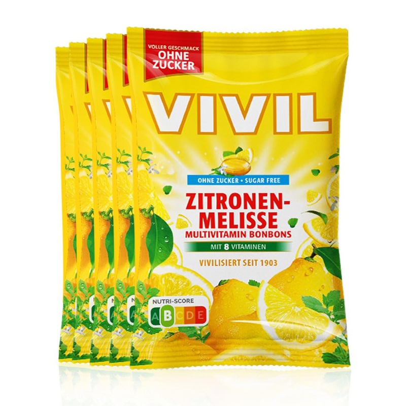 Vivil lemon balm with 8 vitamins 5 bags multivitamin candy with lemon melesting taste sugar -free & vegan 5 x 120g lemon balm 5 bags