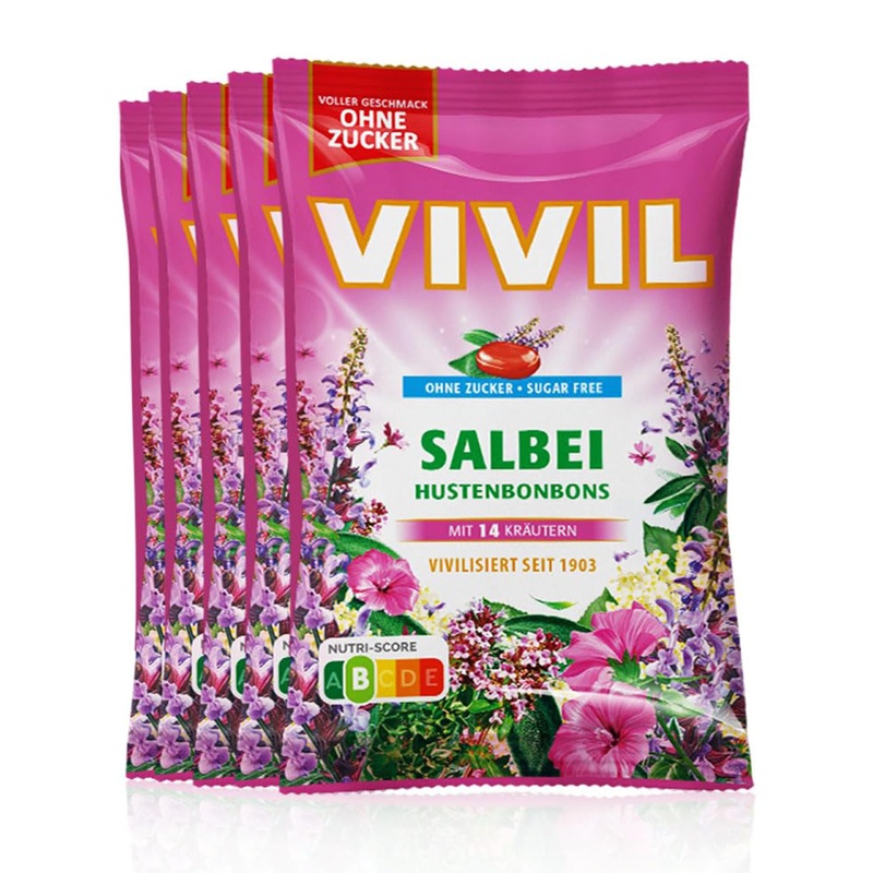 VIVIL Sage with 14 herbs 5 bags cough drops with sage flavor sugar-free & vegan 5 x 120g Sage 5 bags