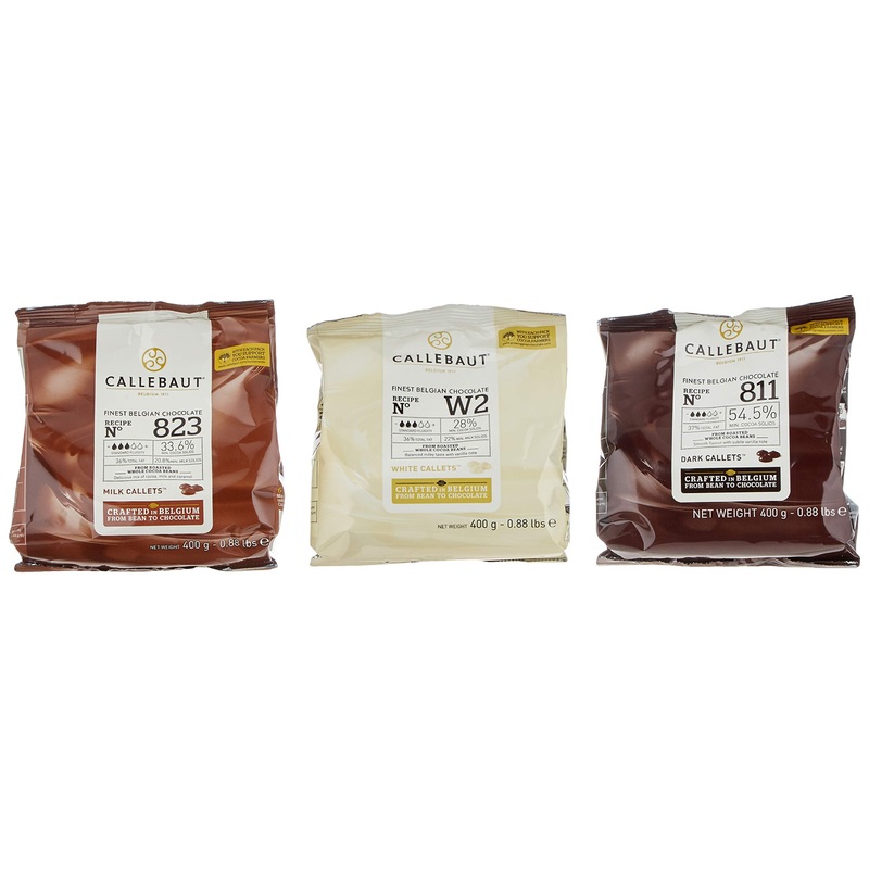 Callebaut Receipe No. 811 823 and W2 Couverture Callets Dark Chocolate Milk Chocolate and White Chocolate 1200 g